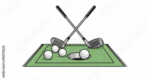 Two crossed golf clubs, three balls on a green mat with a hole