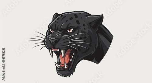 Fierce black panther head with open mouth and sharp teeth on light background