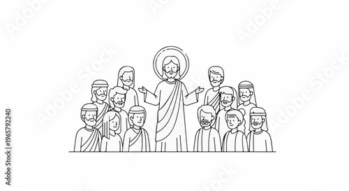 Stylized depiction of a central figure radiating outward to a diverse group of people