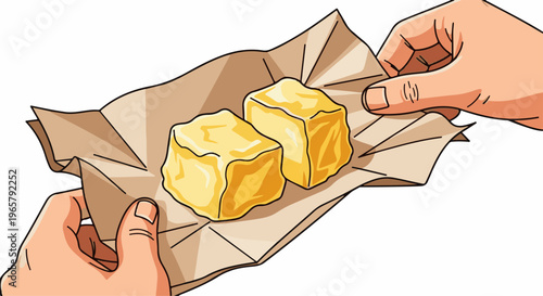 Two hands hold a crumpled paper with two cubes of yellow butter