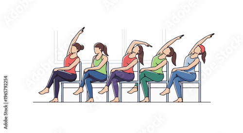 Five women in athletic wear perform seated side stretches on chairs