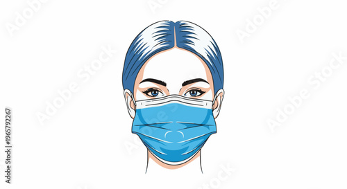 Stylized face with striking blue eyes and a protective blue mask