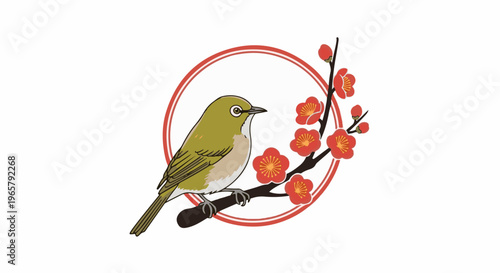 A small green bird perches on a branch with red blossoms inside a red circle