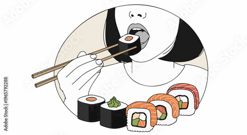 Person enjoys fresh sushi rolls with chopsticks, a flavorful meal
