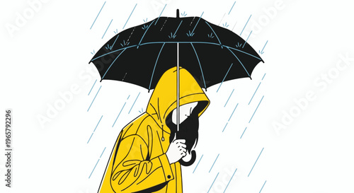 Person in yellow raincoat holding black umbrella, with rain falling down