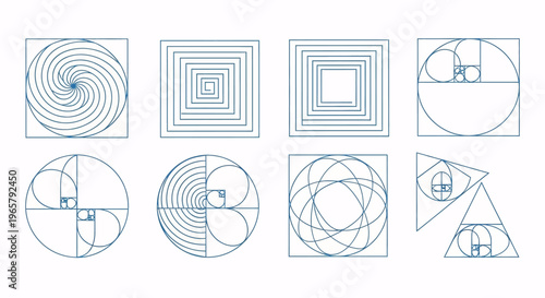 Fibonacci sequence and golden ratio diagrams. Sacred geometry patterns, mathematical spirals, and geometric shapes for science, art, and design concepts.