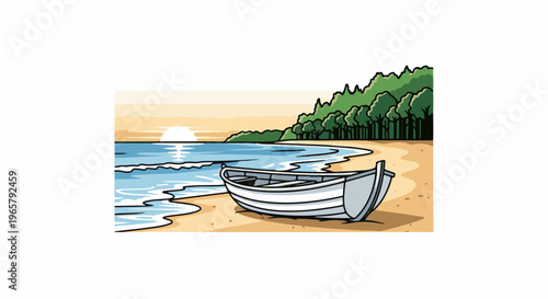 A serene beach scene with a white rowboat resting on the sand at sunset