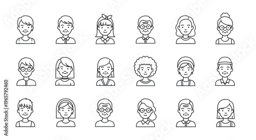 Minimalist avatar line icons, set of 18 diverse people profile characters, thin line human face portraits for web and mobile UI, EPS vector