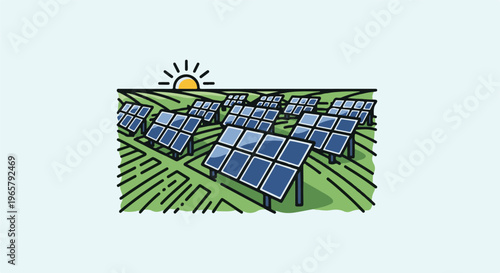 Field of blue solar panels catching bright morning sun rays