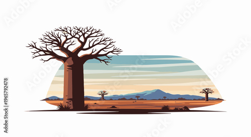 Pixel art savanna landscape with baobab trees at sunset
