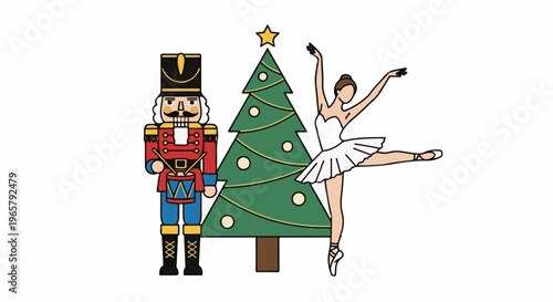 A nutcracker toy and a ballet dancer near a Christmas tree