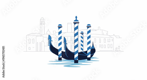 A minimalist illustration of a gondola and striped poles in front of Venetian architecture