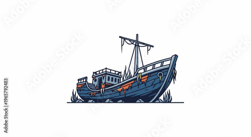Stylized illustration of a weathered, partially submerged wooden shipwreck with tattered sails