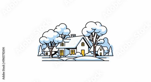 Cozy snow-covered houses nestled amongst winter trees