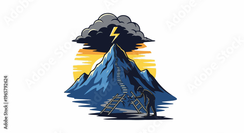 Figure climbs ladder on stormy mountain face at sunset