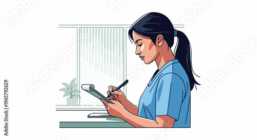 Woman in blue scrubs writing on a clipboard, in an office setting