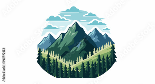 Stylized mountain range with evergreen trees and clouds in a circular frame