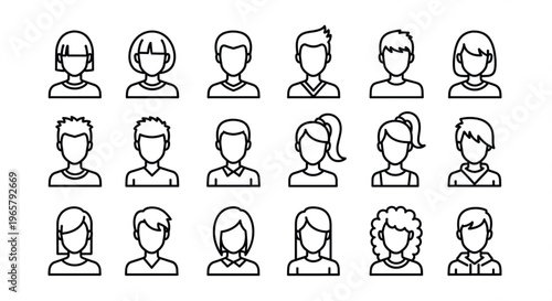 Minimalist avatar icon set, 18 diverse people profile line art icons, modern human character headshot collection in EPS format for UI design