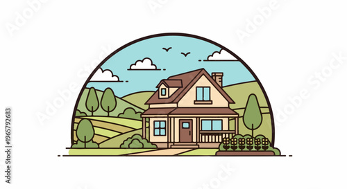 Cozy house nestled in rolling green hills under a blue sky