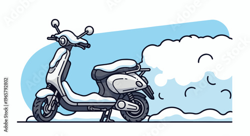 A cartoon scooter is covered in snow, parked in a snowy landscape