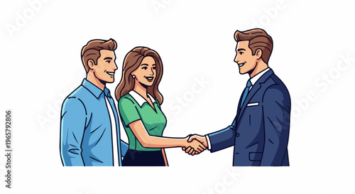 Three smiling people shaking hands in a business meeting