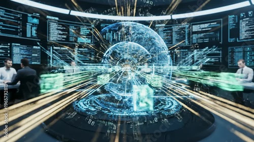 High tech futuristic control room with globe and data display for global security and business strategy meeting