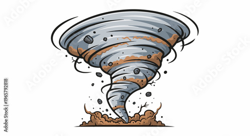 Cartoonish swirling vortex of wind, dirt, and rocks uprooting ground