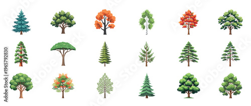 Tree icons collection featuring oak maple pine palm willow and evergreen forest plants decorative botanical outline line editable stroke nature set.