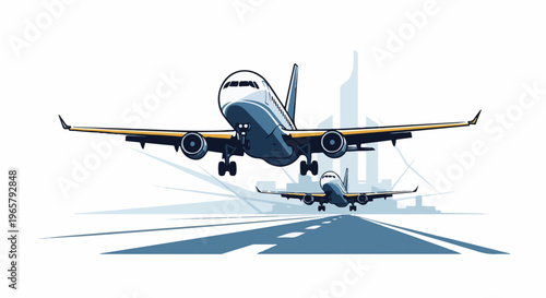 Two airplanes takeoff from a runway with distant city silhouettes