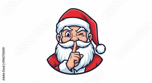 Cartoon Santa Claus with finger to lips, winking, in red suit and hat