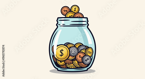 Cartoon jar overflowing with coins of various denominations and colors
