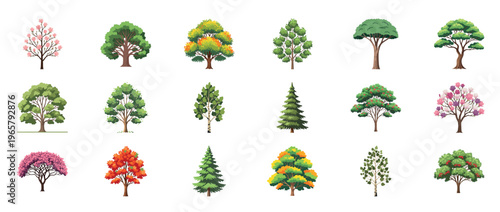 Tree icons collection featuring oak maple pine palm willow and evergreen forest plants decorative botanical outline line editable stroke nature set.