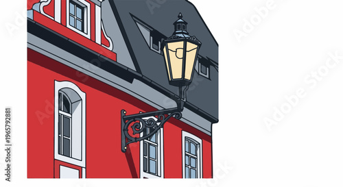 Ornate gas lamp on a bright red historic building facade