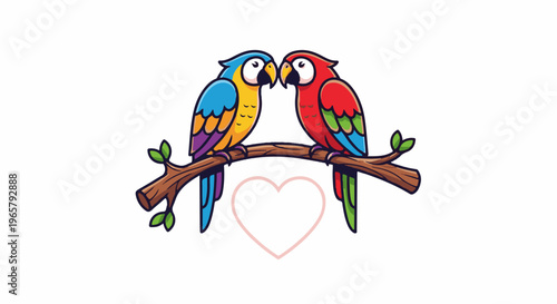 Two colorful parrots on a branch, facing each other, with a heart