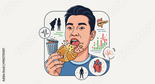 Man eats croissant; health icons depict body weight, pancreas, heart, and pulse