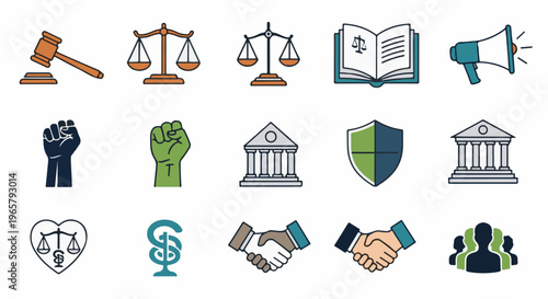 Legal and social justice icons gavel, scales, book, megaphone, fists, buildings, shield, handshake, group