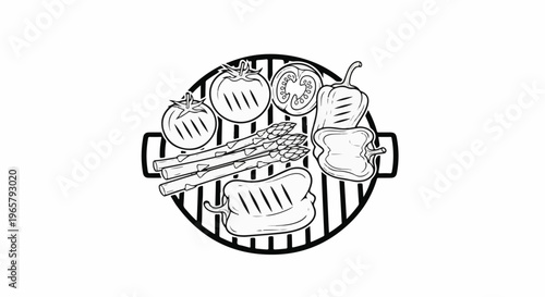 Line art of grilled vegetables including tomatoes, peppers, and asparagus on a grill