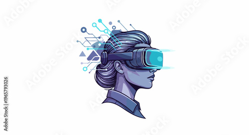 Pixelated woman in VR headset with digital connection lines