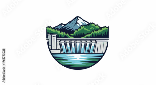 Majestic mountain backdrop above a powerful dam releasing cascading water