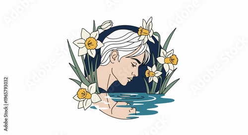 Profile of a person with white hair, surrounded by daffodils and reflecting in water
