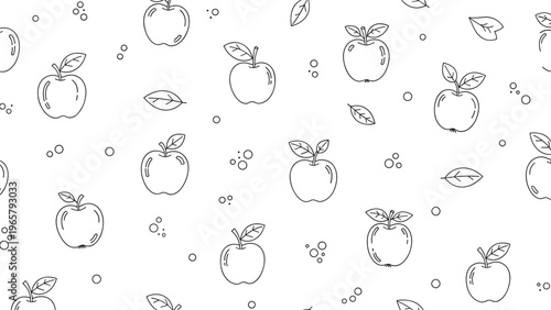 Charming seamless pattern illustration featuring hand-drawn apple outlines with leaves and dots on a clean white backdrop.