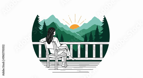 Woman relaxing on porch overlooks serene mountain sunrise with forest