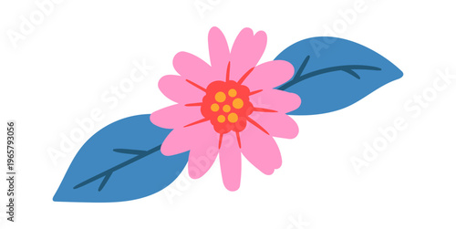 Blooming flower with round center and layered petal flanked by two leaves in clean cartoon style
