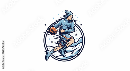 Man dribbling basketball in snow within a circular frame