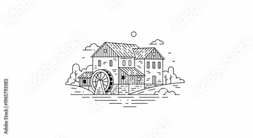Line art of a historic water mill with a large wheel, under a bright sun
