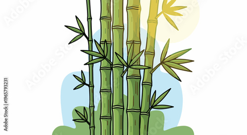 Green bamboo stalks with leaves and abstract background elements