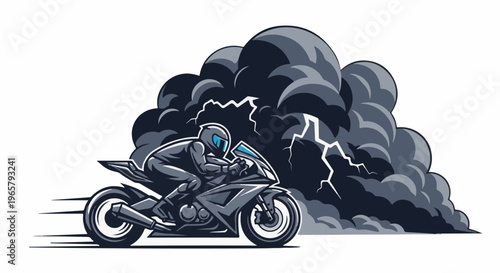 A motorcycle rider races through a dark, stormy cloud with lightning