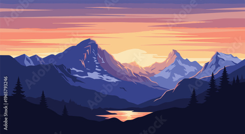 Pixelated mountain range with lake at sunset, warm sky colors