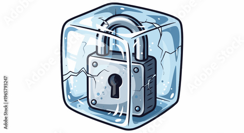 A metal padlock is encased in a cracked block of ice