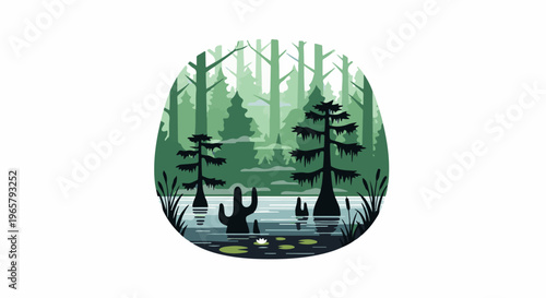 A serene, green swamp scene with cypress trees and water lilies